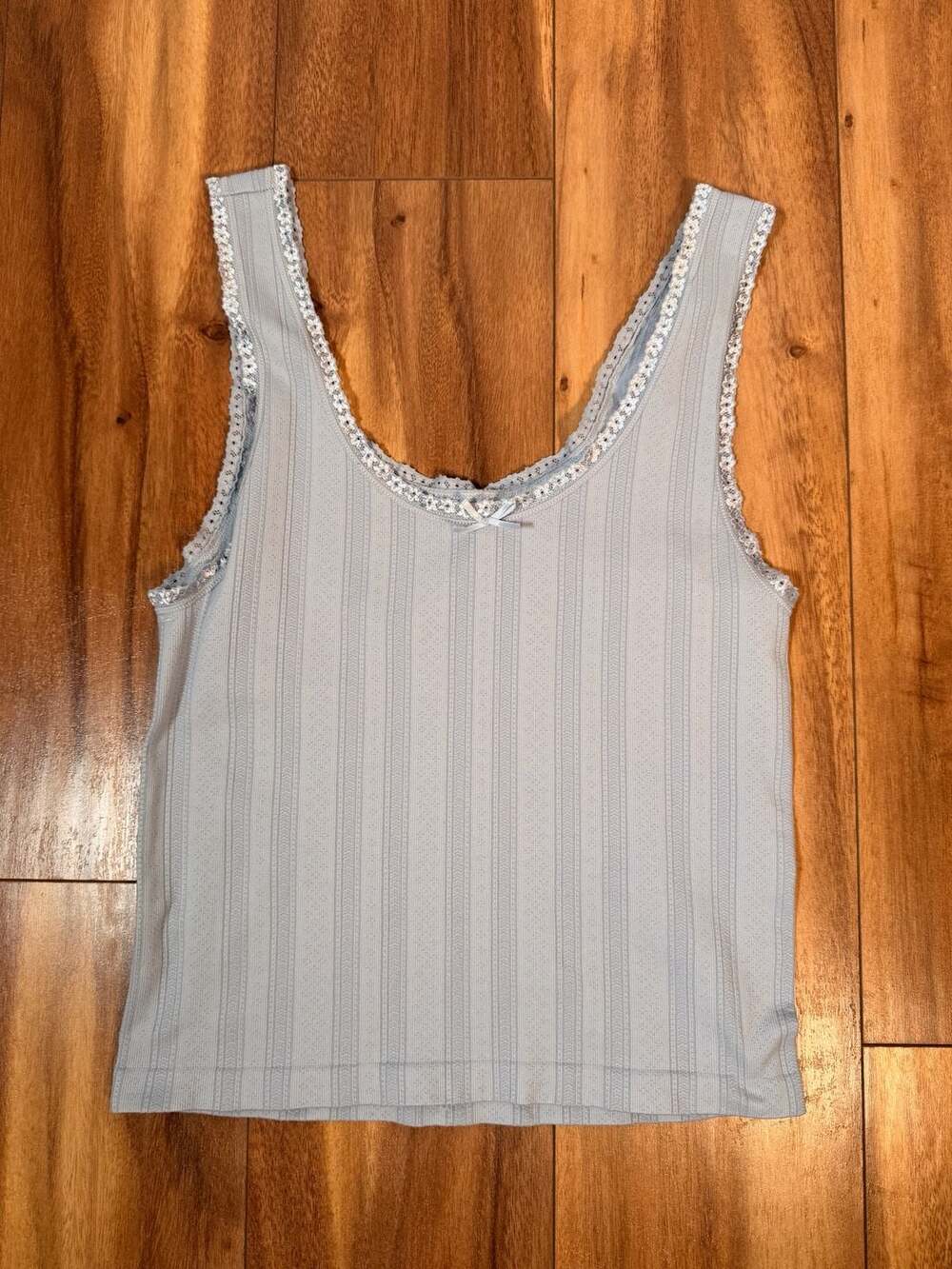 Pink Rose Lace Trim Tank Top Size S/M Blue Ribbed Bow